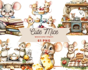 Cute Mice Watercolor Clipart | Sticker | PNG Bundle | Digital Download | Watercolor Art | Cartoon Mice |  Mouse Graphics | Commercial Use