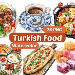 Clipart acquerello di cibo turco / Cucina turca PNG / Pacchetto PNG / Download digitale / Arte acquerello / Grafica alimentare / Cibo PNG