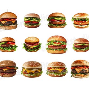 May include: A collection of ten different gourmet burgers with various toppings, including lettuce, tomato, onion, cheese, and avocado. The burgers are all on sesame seed buns and are arranged in a row.