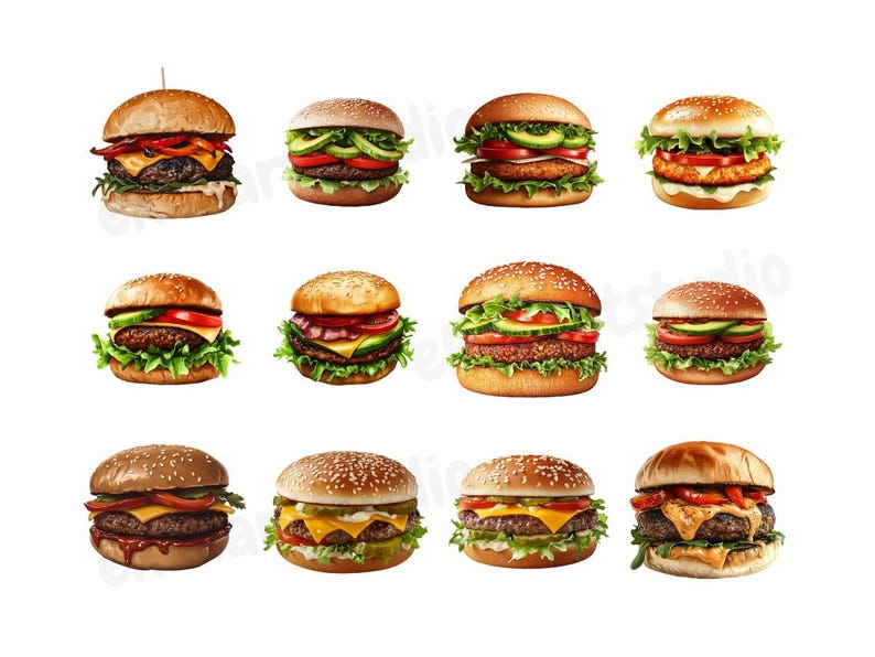 May include: A collection of ten different gourmet burgers with various toppings, including lettuce, tomato, onion, cheese, and avocado. The burgers are all on sesame seed buns and are arranged in a row.