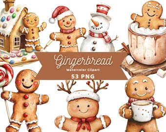 Puede incluir: Un conjunto de 53 imágenes de clipart de acuarela que representan personas de jengibre, una casa de jengibre, un muñeco de nieve y chocolate caliente. Las imágenes son perfectas para crear manualidades navideñas, tarjetas y decoraciones.