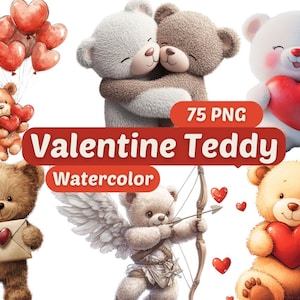 Watercolor Valentine Teddy Clipart | Teddy PNG | PNG Bundle | Valentine Characters | Love Clipart | Valentine Clipart PNG