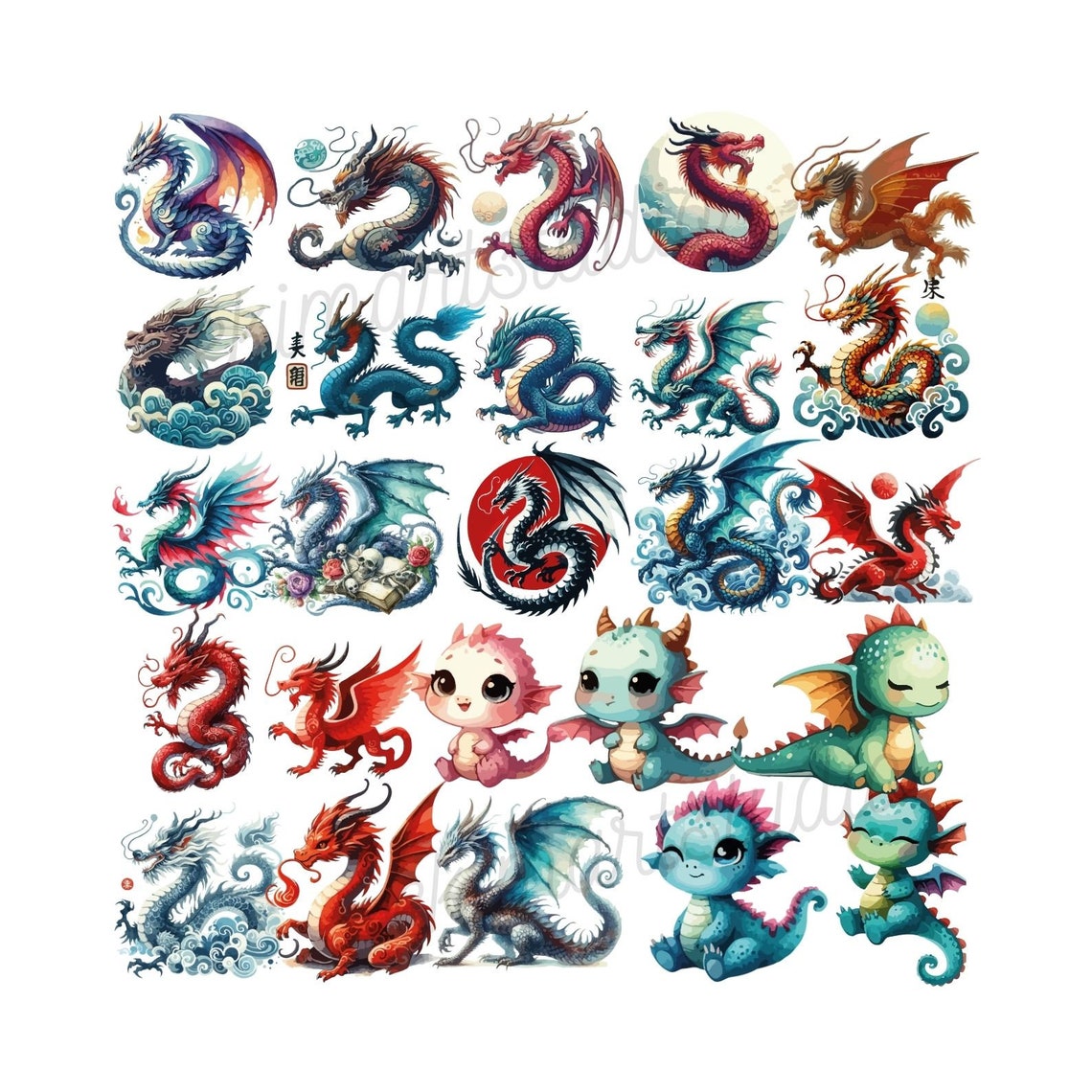 Dragons Watercolor Clipart | Sticker | PNG Bundle | Digital Download ...