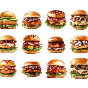 May include: Twelve different types of hamburgers with various toppings, including lettuce, tomato, cheese, and pickles. The burgers are all on white buns and are arranged in a grid pattern.