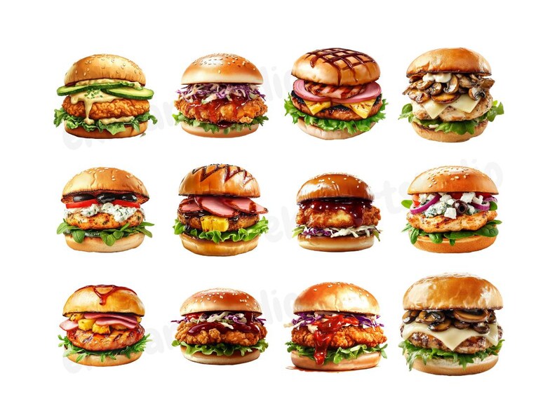 May include: Twelve different types of hamburgers with various toppings, including lettuce, tomato, cheese, and pickles. The burgers are all on white buns and are arranged in a grid pattern.