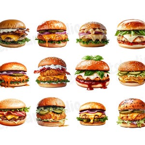 May include: Ten different types of gourmet burgers with various toppings, including lettuce, tomato, cheese, pickles, and onions. The burgers are all on white buns and are arranged in a row.