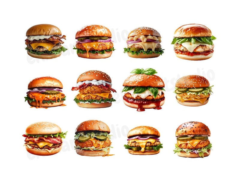 May include: Ten different types of gourmet burgers with various toppings, including lettuce, tomato, cheese, pickles, and onions. The burgers are all on white buns and are arranged in a row.