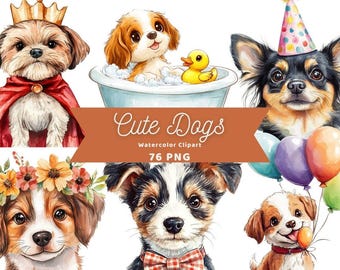 Cute Dogs Watercolor Clipart | Sticker | PNG Bundle | Digital Download | Watercolor Art | Cartoon Dogs | Commercial Use