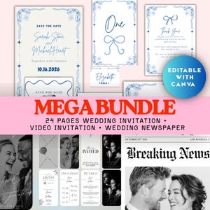 May include: A wedding invitation suite in light blue and white. The set includes save-the-date cards, table cards, thank you cards, and a wedding newspaper. The text "MEGA BUNDLE" is displayed prominently across the image.