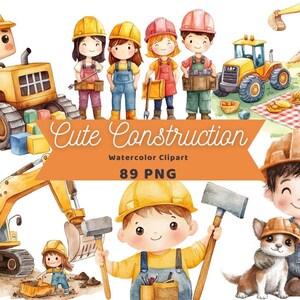 Cute Construction Watercolor Clipart | Adesivo | Pacote PNG | Download digital | Arte em aquarela | Construção de desenho animado | Uso comercial