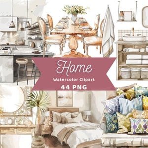 Puede incluir: Conjunto de clipart de acuarela de elementos de decoración del hogar, que incluye una cocina, un comedor, un baño, un dormitorio y una sala de estar. El conjunto incluye 44 archivos PNG.
