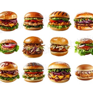 May include: A collection of 10 different gourmet burgers with various toppings, including lettuce, tomato, onion, pickles, cheese, and sauces. The burgers are all on white sesame seed buns.