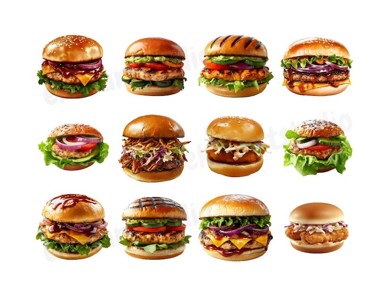 May include: A collection of 10 different gourmet burgers with various toppings, including lettuce, tomato, onion, pickles, cheese, and sauces. The burgers are all on white sesame seed buns.