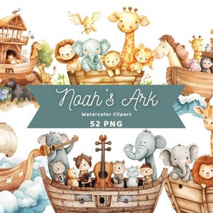 Op de afbeelding: Waterverf clipart set van Noah's Ark met dieren, waaronder giraffen, olifanten, leeuwen en meer. De set bevat 52 PNG-bestanden.