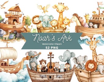 Könnte beinhalten: Aquarell-Clipart-Set von Noahs Arche mit Tieren, darunter Giraffen, Elefanten, Löwen und mehr. Das Set enthält 52 PNG-Dateien.