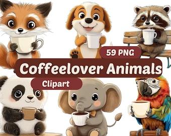 Animales con café Clipart / Animales lindos PNG / Paquete PNG / Animales lindos / Animales divertidos / Gráficos de animales lindos / Gráficos de animales amantes del café