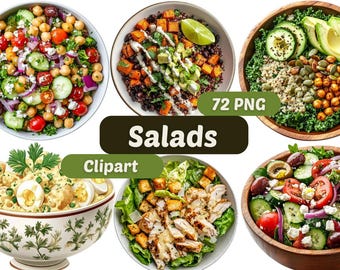 May include: A collection of five different salads, including a quinoa salad with sweet potatoes and avocado, a greek salad with tomatoes, cucumbers, and feta cheese, a potato salad with hard-boiled eggs, a caesar salad with grilled chicken and croutons, and a chickpea salad with tomatoes, cucumbers, and feta cheese. The image includes the text "Salads" and "72 PNG Clipart".