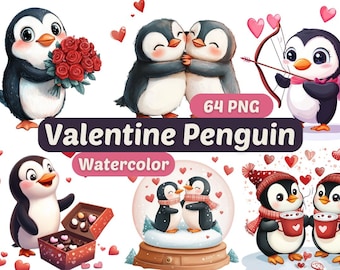 Schattige valentijnspinguïn aquarel clipart | Pinguïn, png-bestand | PNG-bundel | Digitale download | Aquarelkunst | Valentijnsdagafbeeldingen|Dier, png