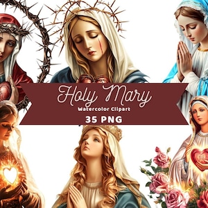 Clipart / Adesivo / Pacchetto PNG / Vergine Maria / Download digitale / Arte ad acquerello / Cuore immacolato di Maria PNG / Uso commerciale