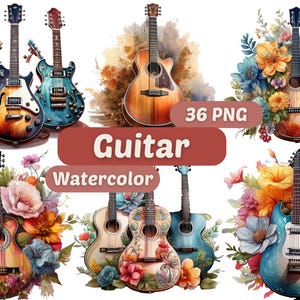 Watercolor Guitar Clipart | Floral Guitar PNG | PNG Bundle | Floral Clipart | Watercolor Musical | Musical Instruments Clipart