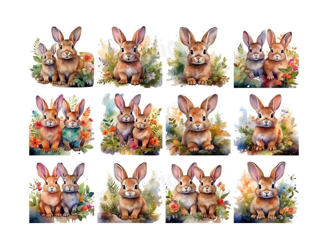 Bunnies Watercolor Clipart | Cute Adorable Bunny Images | Rabbit ...