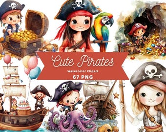 Cute Pirates Watercolor Clipart | Pirate | PNG Bundle | Digital Download | Watercolor Art | Pirate Adventures | Commercial Use