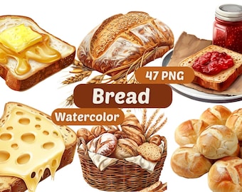 May include: A collection of watercolor illustrations of various types of bread, including a loaf of bread, a slice of bread with butter and honey, a slice of bread with cheese, a basket of bread rolls, and a slice of bread with jam. The image also includes wheat stalks and the text "Bread Watercolor 47 PNG".