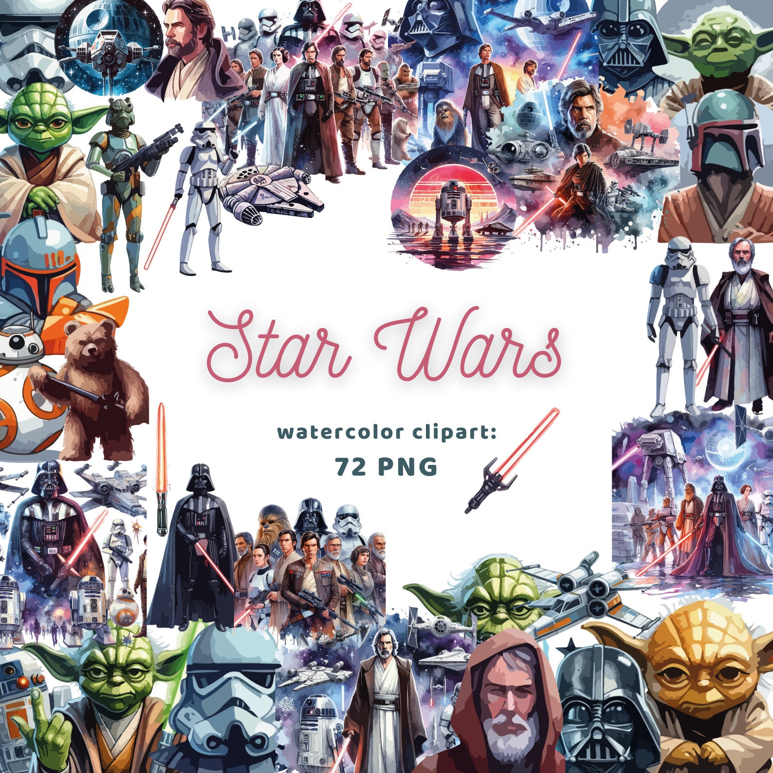 Star Wars Watercolor Clipart Sticker PNG Bundle Digital Download