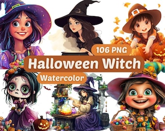 Watercolor Halloween Witch Clipart | Halloween Witch PNG | PNG Bundle | Witch Characters | Witch Clipart | Halloween Girls Clipart