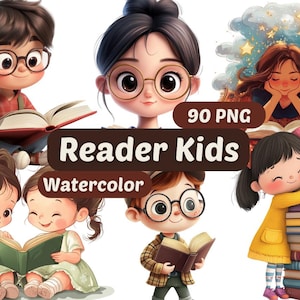 Clipart pour enfants lecteur mignon | Enfants PNG | Ensemble PNG | Clipart Bambins de lecture | Clipart filles et garçons de rat de bibliothèque | Graphismes pour enfants