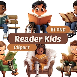 Crianças com deficiência lendo livros clipart | Crianças PNG | Pacote PNG | Leitura Toodlers Clipart | Meninas e meninos leitores clipart