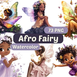 Aquarelle mignonne petite fée afro | Fée afro PNG | Ensemble PNG | Clipart Filles afro-américaines | Clipart filles | Graphismes féeriques