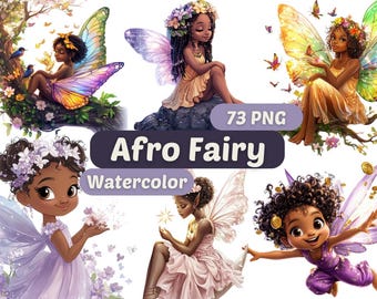 Clipart de hada afro linda en acuarela / Hada afro PNG / Paquete PNG / Clipart de niñas afroamericanas / Clipart de niñas / Gráficos de hadas