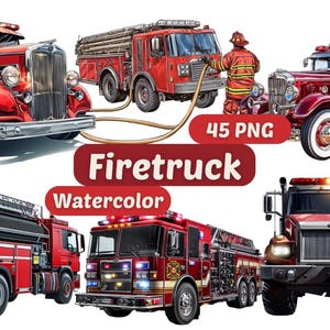 Puede incluir: Una colección de camiones de bomberos rojos en acuarela en varios estilos. La imagen incluye camiones de bomberos clásicos y modernos, con el texto "Firetruck Watercolor" y "45 PNG".