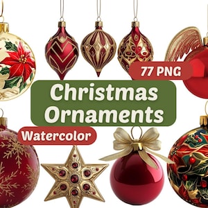 Christmas Tree Ornaments Watercolor Clipart | Christmas Balls PNG | PNG Bundle | Xmas Tree Clipart | Christmas Graphics