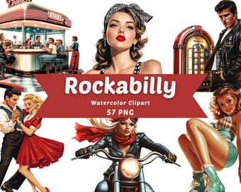 May include: A set of watercolor clipart illustrations featuring a rockabilly theme. The illustrations include a diner, a jukebox, a woman riding a motorcycle, a couple dancing, and a woman in a plaid dress. The illustrations are in a vintage style and are perfect for adding a touch of retro flair to your projects.