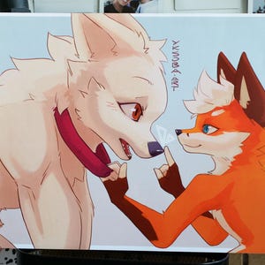 May include: A white wolf with a red scarf looks at a red fox with a white patch of fur on its head. The fox is holding its paw up to the wolf's nose. The text "YUKIDOMA - 暁 -" is written in the upper right corner of the image.