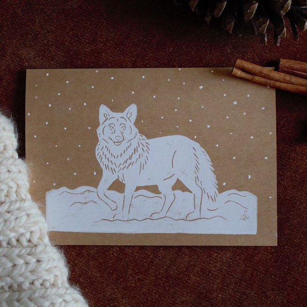 Linocut print "Animals in winter" Greeting card set (3) Hand stamped - cottagecore