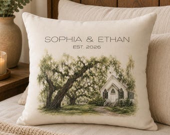 Individuell gestaltetes Kissen mit Hochzeitslocation-Motiv, personalisiertes Aquarell-Paar-Erinnerungsstück, Jahrestagsgeschenk, Geschenk zur Brautparty, Erinnerungsstück an den Ort des Kennenlernens