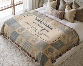 Personalisierte Oma Patchwork Decke, Benutzerdefinierte Enkel Namen gewebter Überwurf, Cottagecore Muttertagsgeschenk für Nana