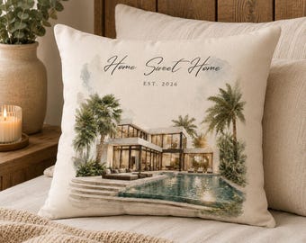 Individuell gestaltetes Aquarell-Hauskissen, Hausporträt nach Foto, personalisiertes Einzugsgeschenk, Maklergeschenk zum Abschluss des ersten Eigenheims – Erinnerungsstück für die Wohnungseinrichtung