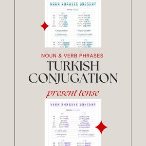 May include: A beige educational poster with the title "NOUN & VERB PHRASES TURKISH CONJUGATION present tense." The poster includes examples of Turkish noun and verb phrases, with translations and conjugations. The text is in black and blue.
