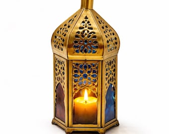 Handmade Oriental Lantern in Gold-Tone Metal and Colored Glass – Authentic Moroccan Decor – Candle Holder – Boho & Ramadan Decoration