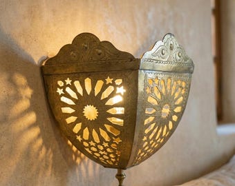Moroccan Copper Wall Sconce - Handmade Brass Half Moon Sconce - Geometric Star Wall Lamp - Boho Outdoor Indoor Sconce - Handcrafted Lantern