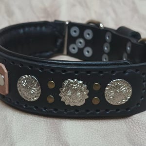 Może przedstawiać: Czarna sk&oacute;rzana obroża dla psa ze srebrnymi ozdobnymi ćwiekami i nitami. Obroża ma jasnobrązową sk&oacute;rzaną metkę z tekstem i metalowe zapięcie na klamrę. Stylowy dodatek dla zwierząt.