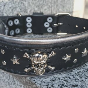 Puede incluir: Collar de perro de cuero negro con tachuelas plateadas, un dise&ntilde;o de calavera y huesos cruzados y detalles de estrellas.