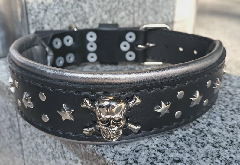 Puede incluir: Collar de perro de cuero negro con tachuelas plateadas, un dise&ntilde;o de calavera y huesos cruzados y detalles de estrellas.