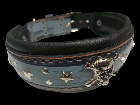 Collar Ancho Cuero con Calavera Metálica para Perros Grandes y Medianos Reforzado con Doble Cuero Acolchado y Cosido a Mano Perros Fuertes