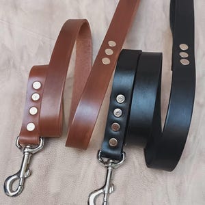 Puede incluir: Dos correas de cuero para perros con cierres de metal plateado y tachuelas decorativas. Una correa es marrón y la otra es negra.