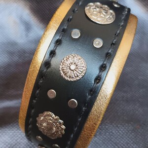 May include: A black leather collar with gold accents and silver metal studs and decorative circles.